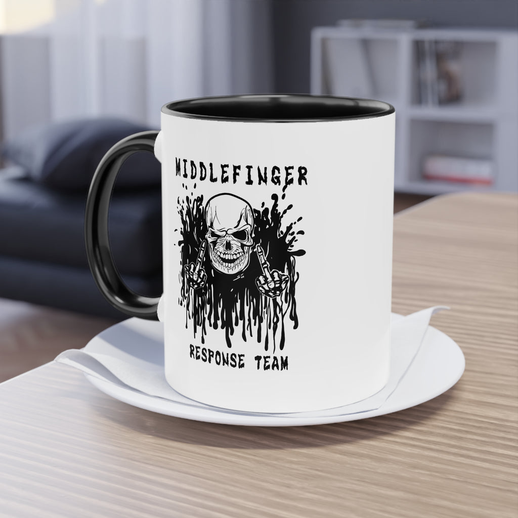 Middlefinger Response Team Skull Mug | Sarcastic Office Coffee Cup | Funny Grumpy Gift | Edgy Grunge Ceramic Mug | Two-Tone 11oz