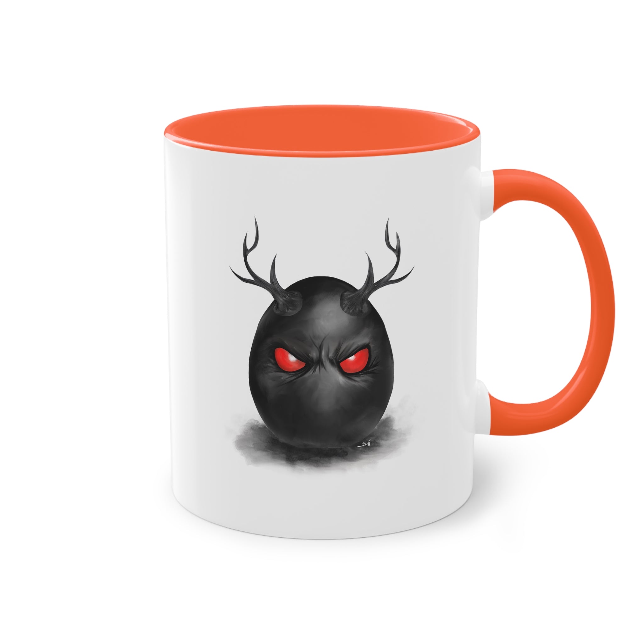 Horned Demon Egg Ceramic Mug, Dark Surrealism Coffee Cup, Occult Creepy Aesthetic Art Mug, Gothic Home Decor, Timeless Macabre Gift — Two-Tone 11oz Holiday Mug