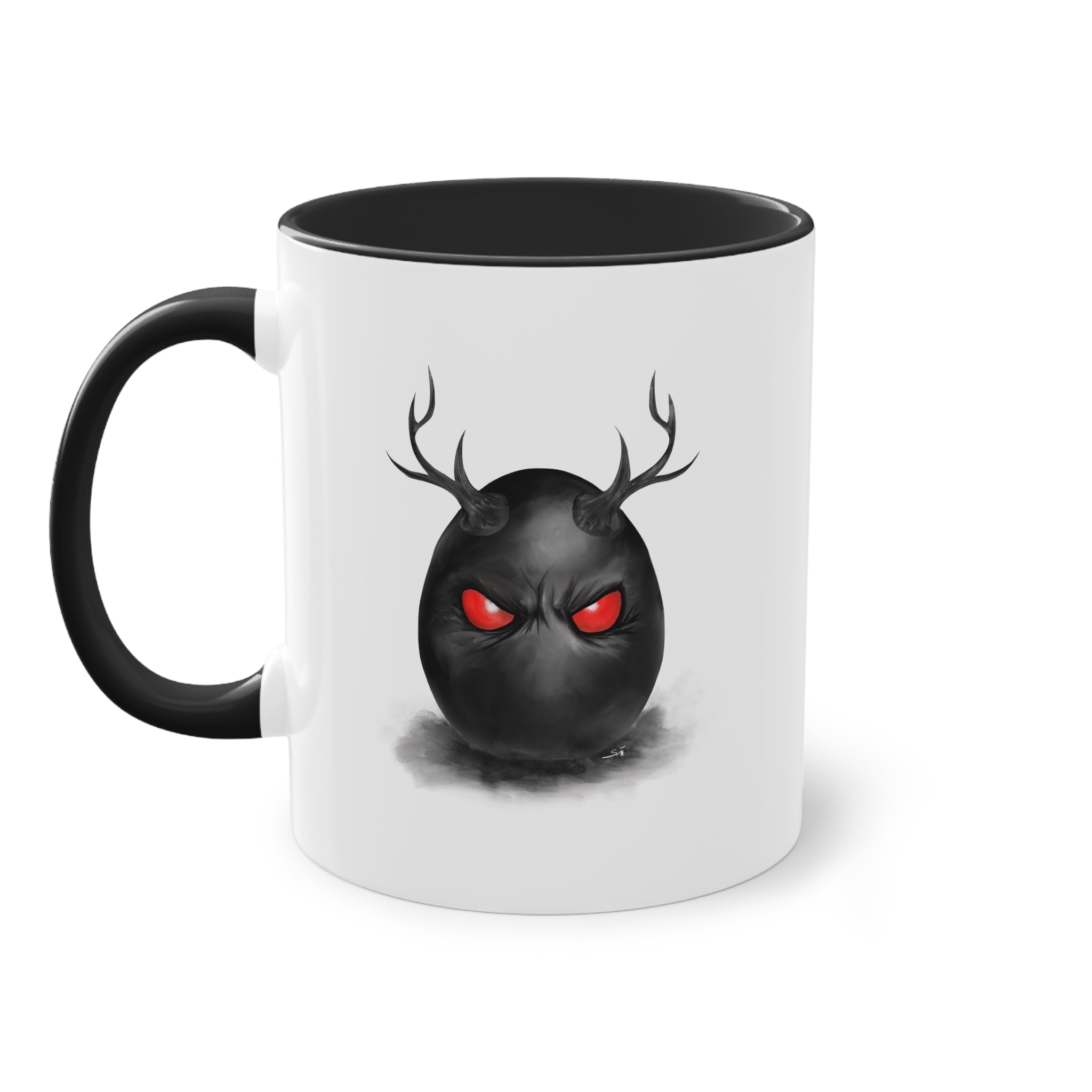 Horned Demon Egg Ceramic Mug, Dark Surrealism Coffee Cup, Occult Creepy Aesthetic Art Mug, Gothic Home Decor, Timeless Macabre Gift — Two-Tone 11oz Holiday Mug