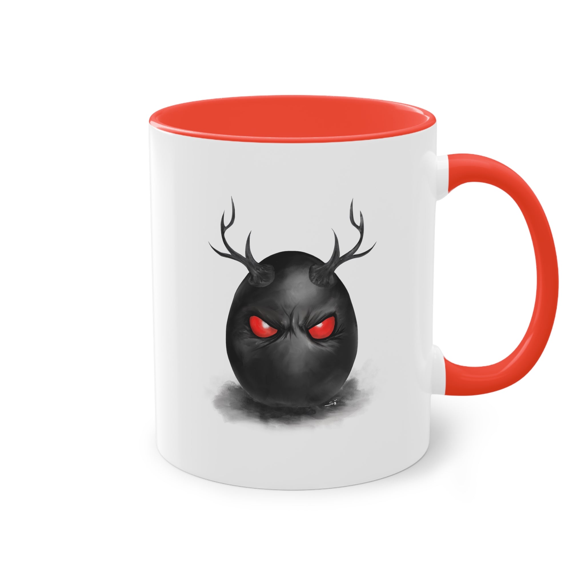 Horned Demon Egg Ceramic Mug, Dark Surrealism Coffee Cup, Occult Creepy Aesthetic Art Mug, Gothic Home Decor, Timeless Macabre Gift — Two-Tone 11oz Holiday Mug