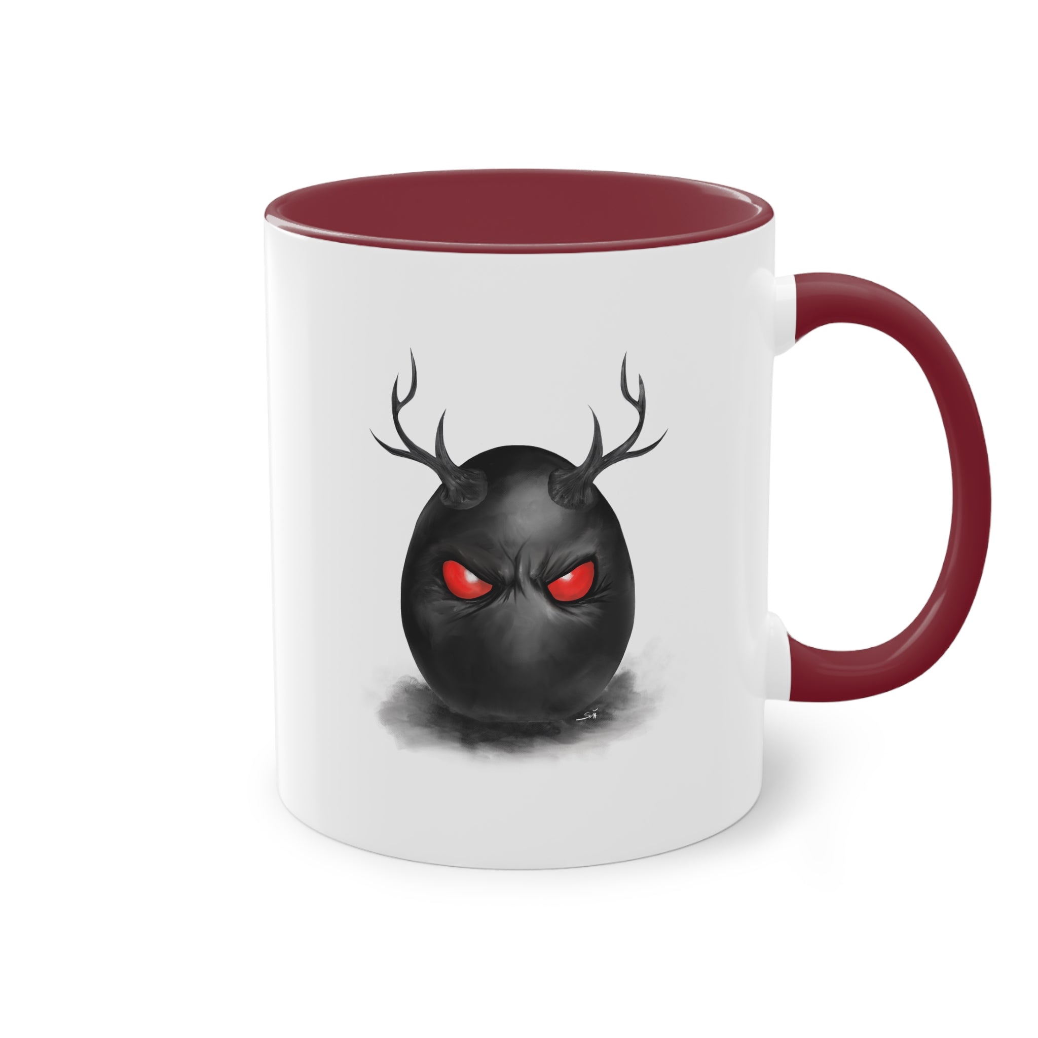 Horned Demon Egg Ceramic Mug, Dark Surrealism Coffee Cup, Occult Creepy Aesthetic Art Mug, Gothic Home Decor, Timeless Macabre Gift — Two-Tone 11oz Holiday Mug