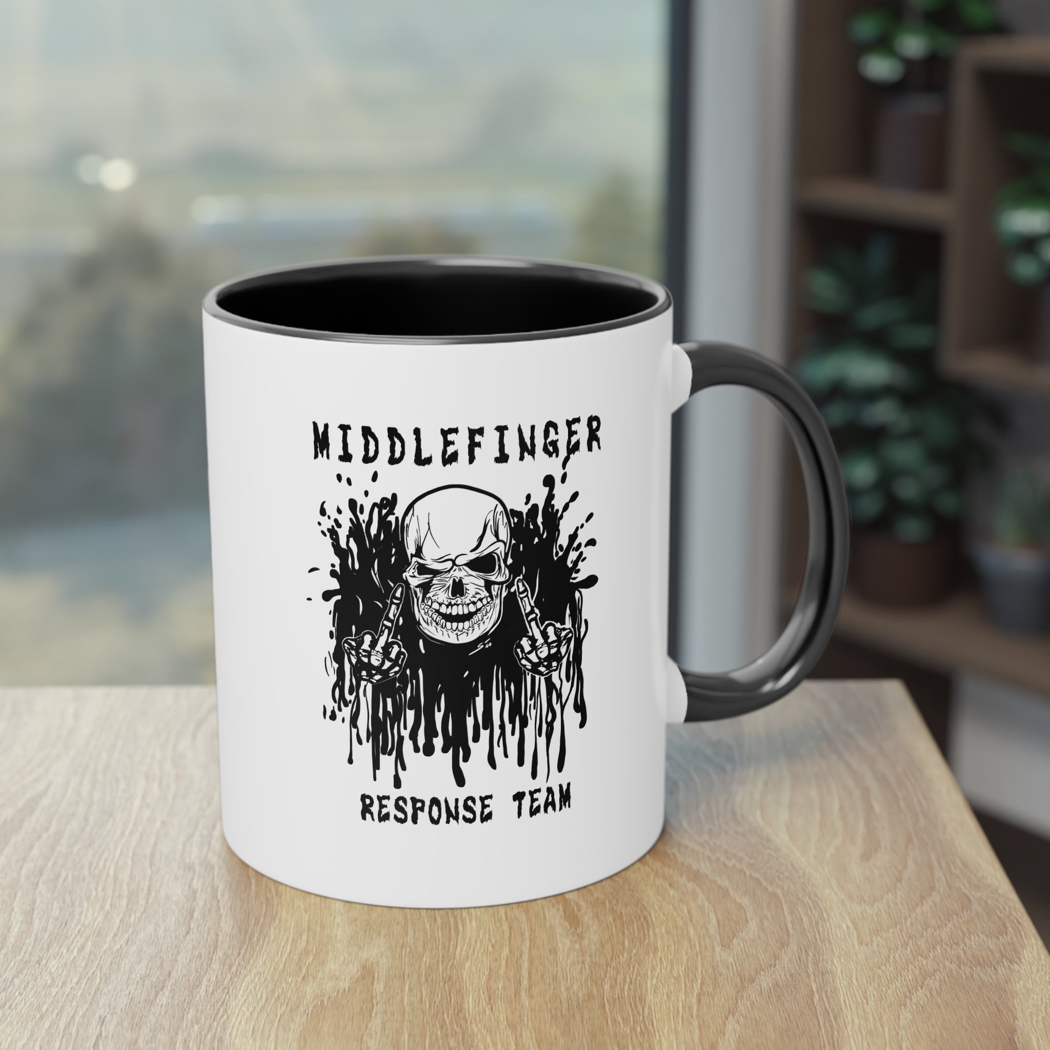 Middlefinger Response Team Skull Mug | Sarcastic Office Coffee Cup | Funny Grumpy Gift | Edgy Grunge Ceramic Mug | Two-Tone 11oz