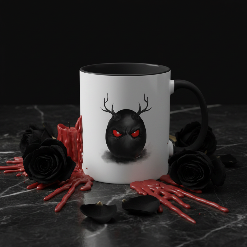Horned Demon Egg Mug dark lifestyle shot with black roses and crimson candles