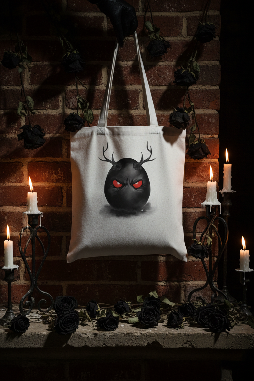 Demon Egg Tote Bag – Dark gothic lifestyle shot with candlelight