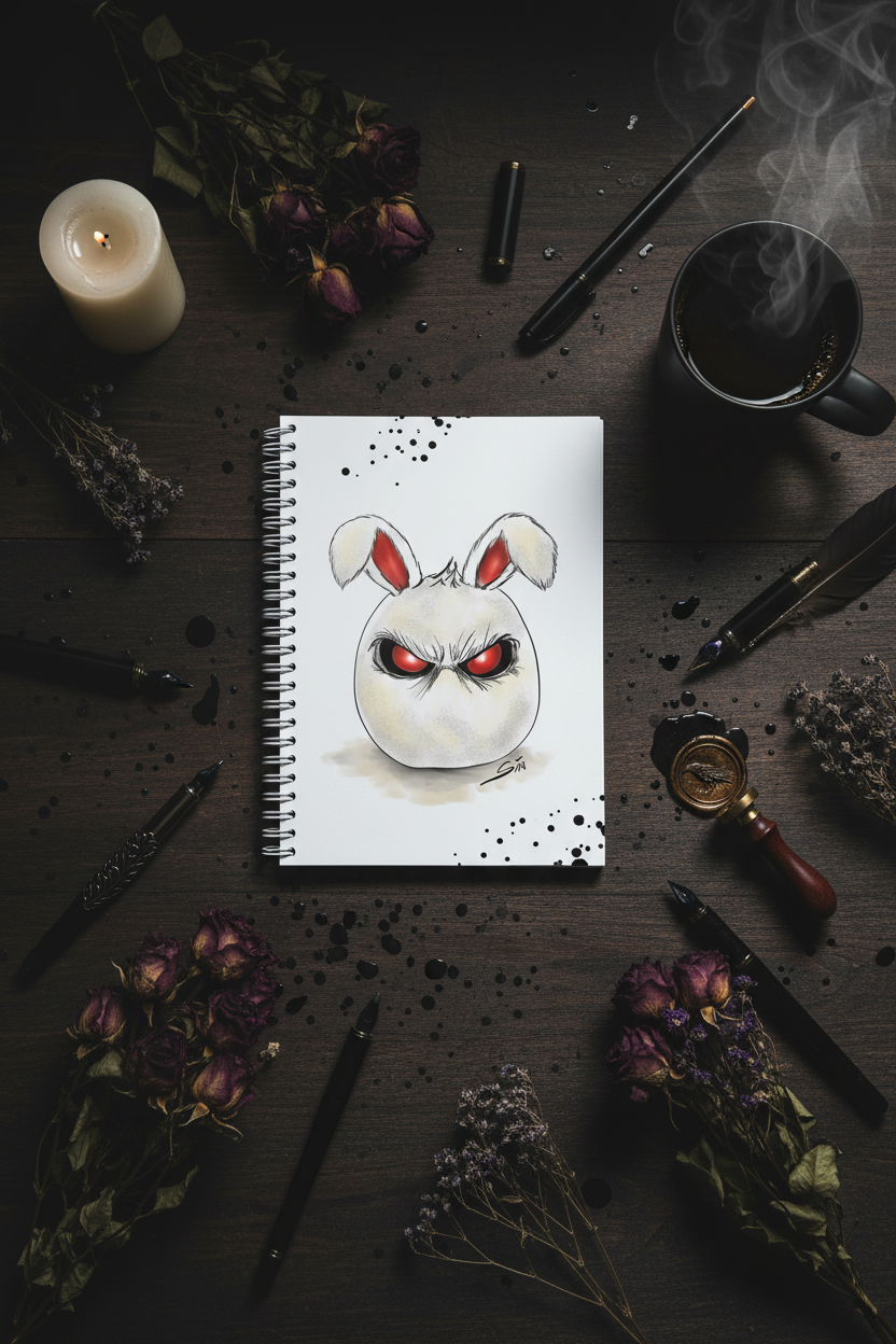 Grim Bunny Notebook – Dark academia lifestyle flat lay