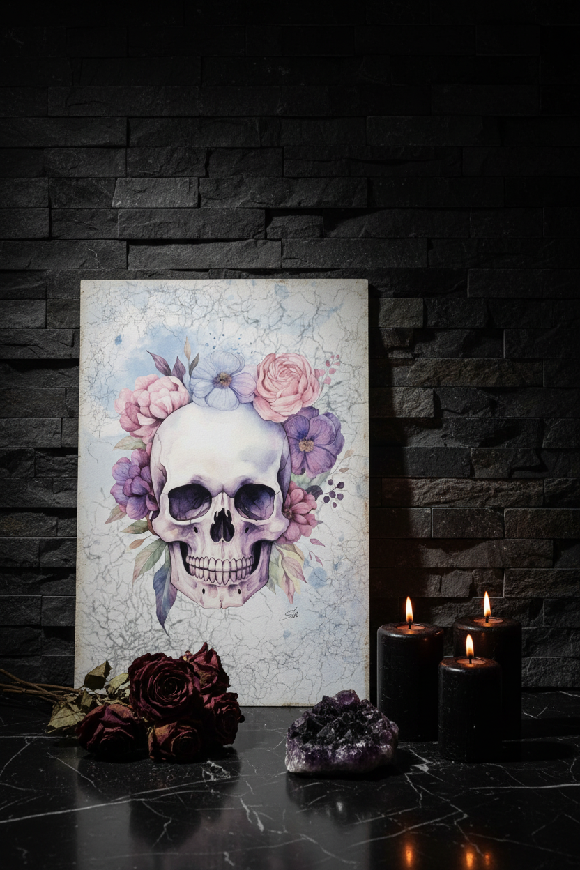 Ethereal Bloom – Dark moody lifestyle shot with candles and crystals